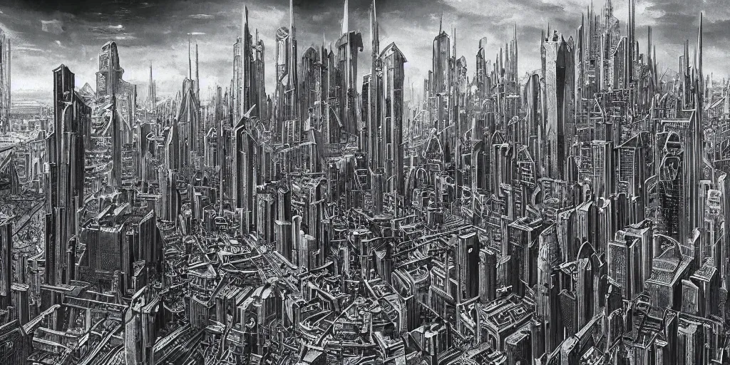 Prompt: a cityscape of a civilization millennia more advanced than our own with raypunk gothic aesthetics, brutalist architecture and an endless sprawl of streets as far as human eyes can see, giger influences, crystalline accent, sharp contrasting coloration