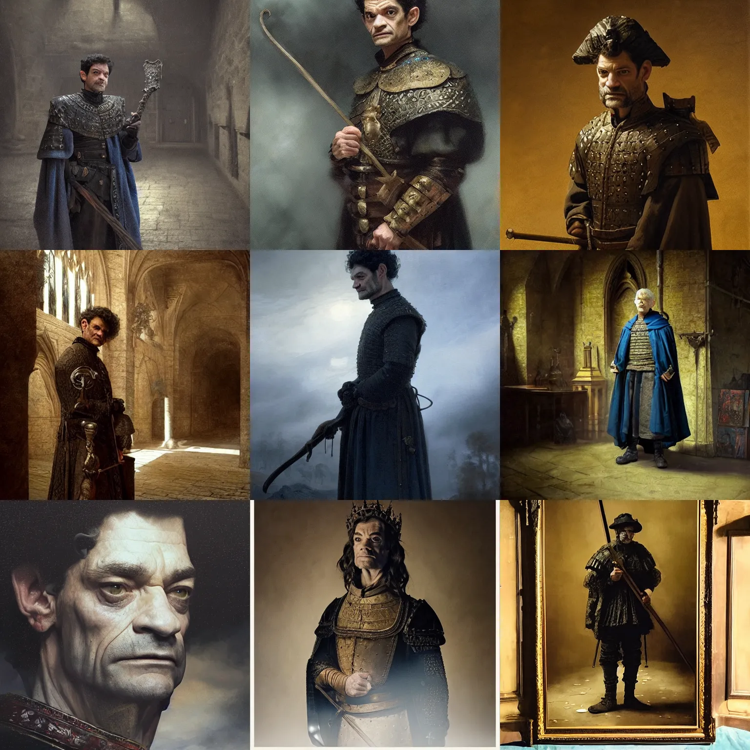 Prompt: James Frain with a crookback as an enigmatic, melancholic medieval king from the 13th century, hyperrealist, detailed, cinematic lighting, blue tones, shadows, digital art by Rembrandt, Greg Rutkowski, and J.Dickenson
