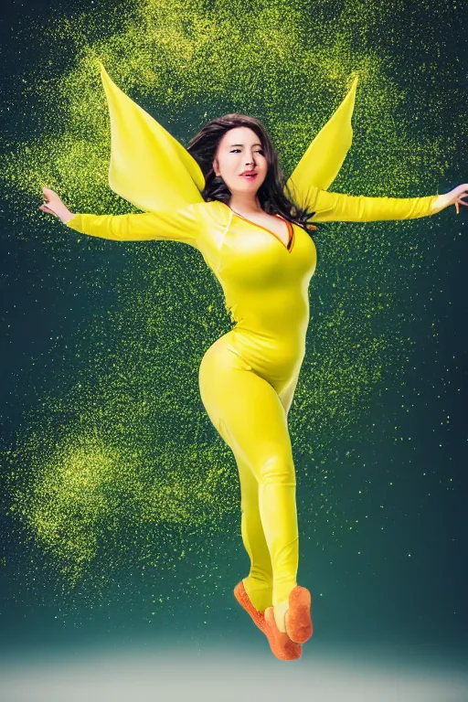 Prompt: beautiful superhero woman flying in the air, green yellow tight costume, cloak, explosion background, canon eos r 6 photo