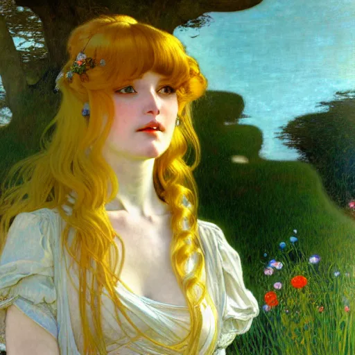 Image similar to A playful young woman with blonde long hair and bangs in shorts and a white blouse drawn by Zeronis and Donato giancola and Robert McGinnis and alphonse mucha, background by James Jean and gustav klimt, 4k, sunny day, volumetric lighting, french nouveau, trending on artstation, octane render, hyperrealistic