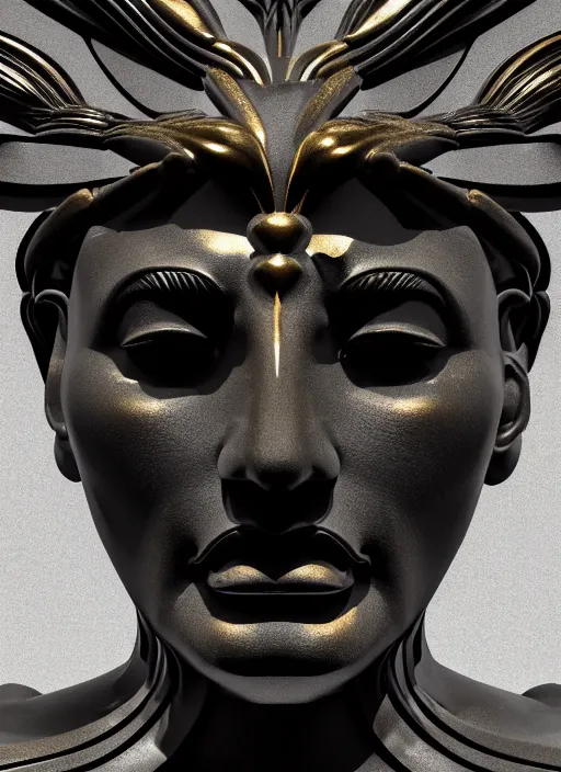 Image similar to stylized onyx black gold lines dark severe lighting ornate statue full body made of marble of judas, perfect symmetrical body, perfect symmetrical face, hyper realistic, hyper detailed, by johannen voss, by michelangelo, octane render, blender, 8 k, displayed in pitch black studio room art deco