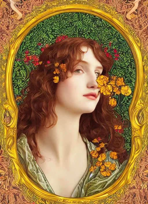 Image similar to masterpiece beautiful seductive flowing curves pinup pose preraphaelite face portrait photography, extreme close up shot, straight bangs, thick set features, yellow ochre ornate medieval dress, amongst foliage mushroom forest circle arch, william morris and kilian eng and mucha, framed, 4 k