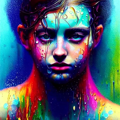 Prompt: portrait of girl in uniquely colored psychedelic rain with wet hair and face, fantasy, intricate, elegant, dramatic lighting, epiphany, highly detailed, lifelike, photorealistic, digital painting, artstation, concept art, smooth, sharp focus, illustration, art by John Collier and Albert Aublet and Krenz Cushart and Artem Demura and Alphonse Mucha