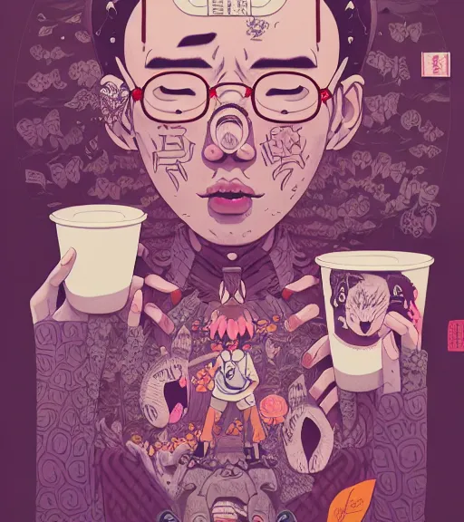 Image similar to portrait, nightmare anomalies, leaves with milktea by miyazaki, violet and pink and white palette, illustration, kenneth blom, mental alchemy, james jean, pablo amaringo, naudline pierre, contemporary art, hyper detailed