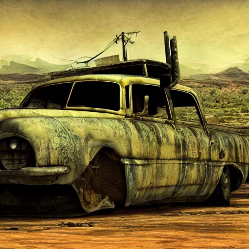 Prompt: postapocalyptic armed car in style of vangers rusty jury - rigged desolate lanscape