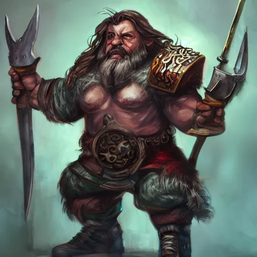 Prompt: a fantasy comic book style portrait painting of a dwarf berserker swinging axes, octane render, hyperreal