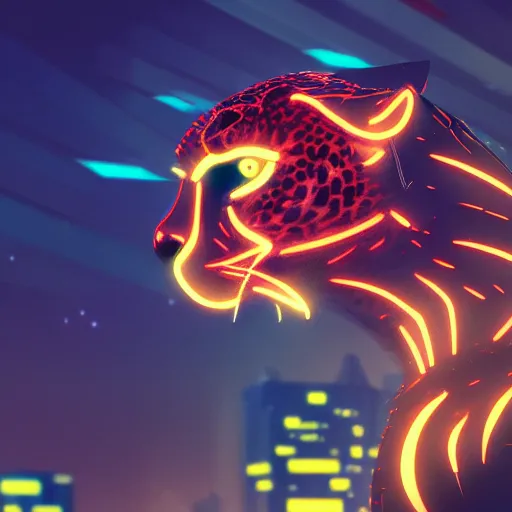 Image similar to profile shot of a neon cybernetic cheetah, city lights, strong bokeh, dramatic, cinematic, high contrast, artstation, octane render, 4k