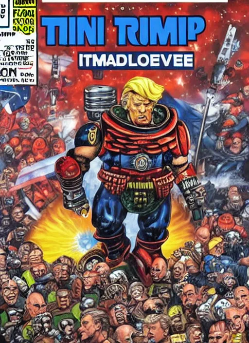 Image similar to comic book cover of donald trump as a space marine from warhammer 4 k, big crowd people are happy and cheering