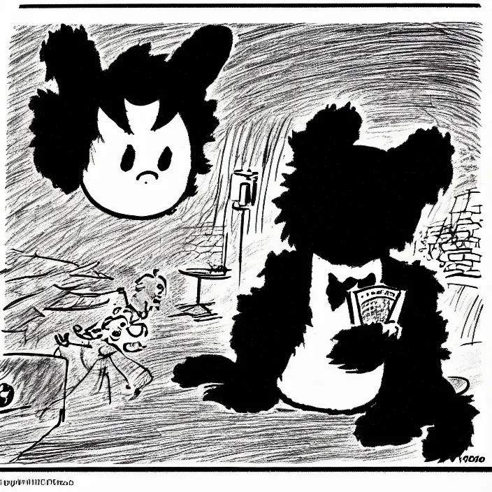 Prompt: a still frame from comic strip, black fluffy hairy furry rabbit on a clean background 1 9 5 0, herluf bidstrup, new yorker illustration, monochrome contrast bw, lineart, manga, tadanori yokoo, simplified,