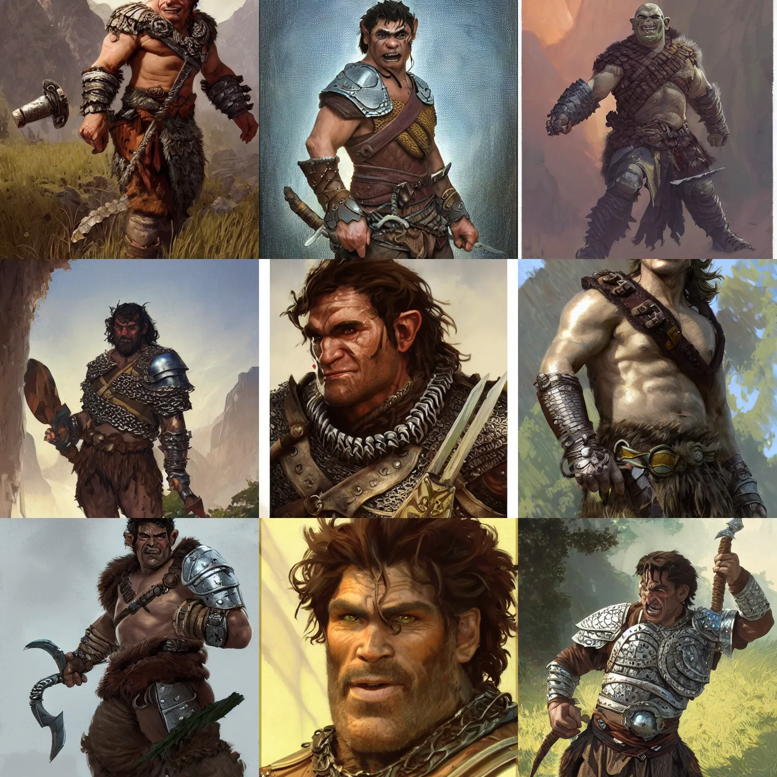 Prompt: portrait of a ruggedly handsome half - orc fighter with short brown hair wearing chainmail armor at a summer camp, half body, fantasy, highly detailed, digital painting, artstation, concept art, character art, art by greg rutkowski and tyler jacobson and alphonse mucha