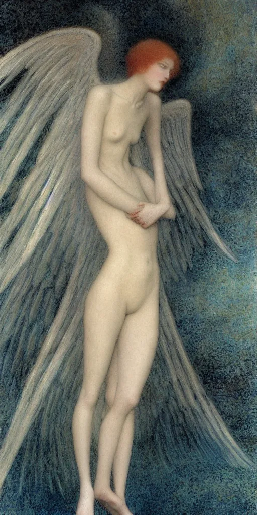 Prompt: Say who is this with silver hair so pale and Wan and thin? Beautiful feminine angel in the style of Jean Delville, Lucien Lévy-Dhurmer, Fernand Keller, Fernand Khnopff, single figure, oil on canvas, 1896, 4K resolution, aesthetic, mystery