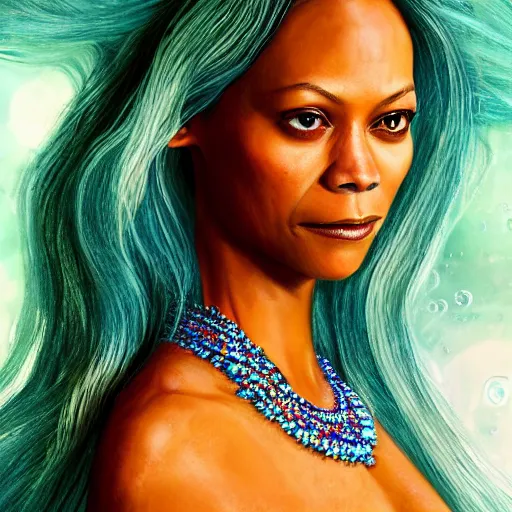 Image similar to zoe saldana portrait, fantasy, mermaid, hyperrealistic, game character, underwater, highly detailed, sharp focus, cinematic lighting, pearls, glowing hair, shells, gills, crown, water, highlights, starfish, jewelry, realistic, digital art, pastel, magic, fiction, ocean, king, colorful hair, sparkly eyes, fish, heroic, goddess, waves, bubbles, queen