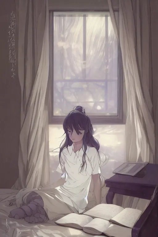 Prompt: a girl in a jk uniform outfit in the bedroom reading a book in a night, raining outside the window, dark and grey theme ， wavy white long hair, by krenz cushart and mucha and akihito yoshida and greg rutkowski and makoto shinkai, detailed eyes, 4 k resolution