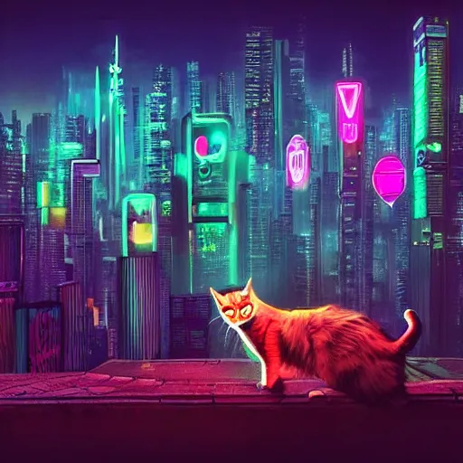 Image similar to cyberpunk cat, neon glow, city in the background, high quality, high detailed