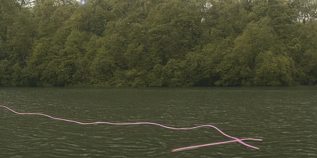 Image similar to centered subject on an infinitely long rope zig - zagging across the surface of the water into the distance, the floating submerged rope stretches out towards the center of the lake, a dark lake on an overcast day, atmospheric, color film, trees in the background, hyper - detailed photo, anamorphic lens