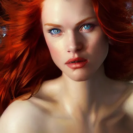 Image similar to A Beautiful woman with red hair and blue eyes in the best modeling position, detailed, centered, digital painting, artstation, concept art, donato giancola, Joseph Christian Leyendecker, WLOP, Boris Vallejo, Breathtaking, 8k resolution, extremely detailed, beautiful, establishing shot, artistic, hyperrealistic, beautiful face, octane render, cinematic lighting, dramatic lighting, masterpiece