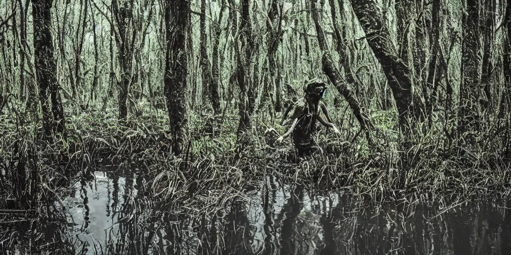 Prompt: A monster walking alongside a channel of water in a dense swamp, Kodachrome color film, grainy, film grain