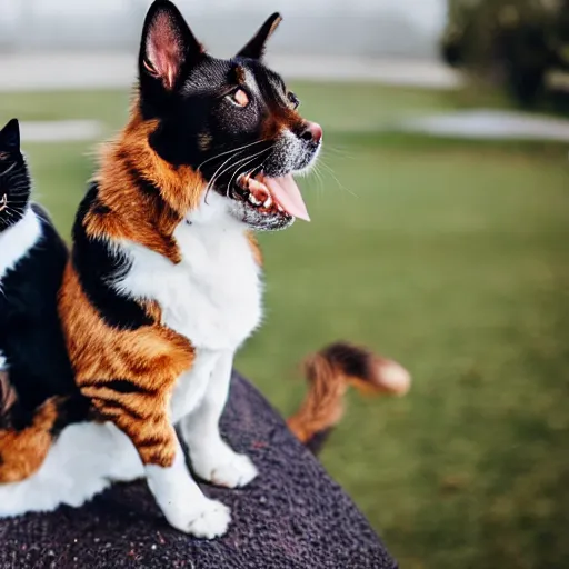 Image similar to a smiling dog sitting on top of a cat, professional photography