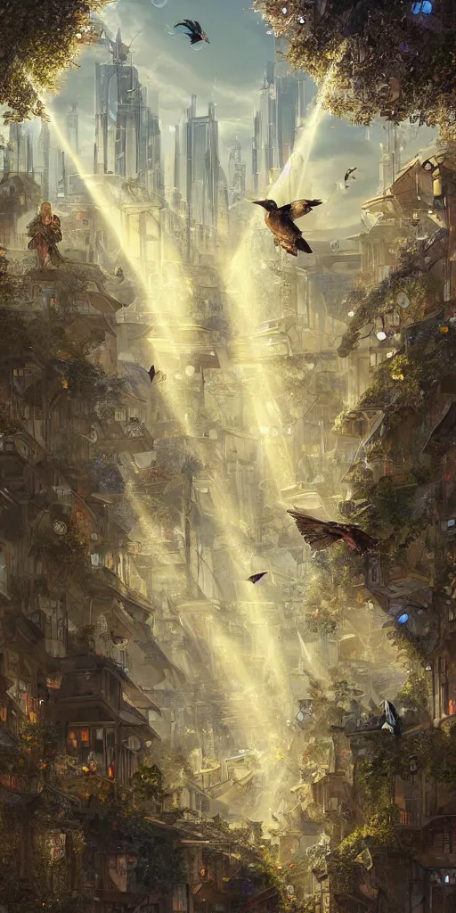 Prompt: portrait of a victorian lady and flying birds in a futuristic city, from behind, streets, sunlight and rays of light shining through trees, tall buildings on the sides, beautiful, solarpunk!!!, highly detailed, digital painting