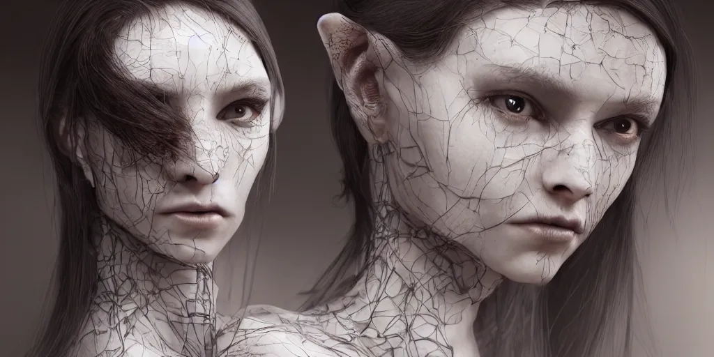 Image similar to hyper realistic photography of a stunningly beautiful cyborg female, intimate, holding close, ribbon, razors, in the style of beth cavener, jin kagetsu,, and wlop, highly detailed, intricate filigree, symmetry, masterpiece, award winning, sharp focus, concept art, highkey lighting, ambient lighting, octane render, 8 k, artstation