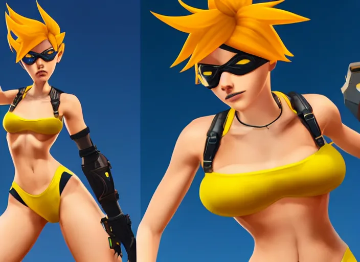 Image similar to tracer game character, in yellow bikini, blonde hair, black eyes, full height