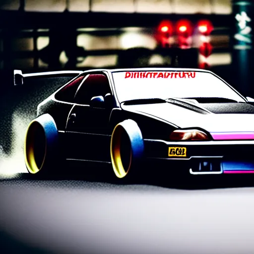 Image similar to a car 300ZX turbo drift at illegal car meet, Shibuya prefecture, midnight mist lights, cinematic color, photorealistic, highly detailed wheels, highly detailed
