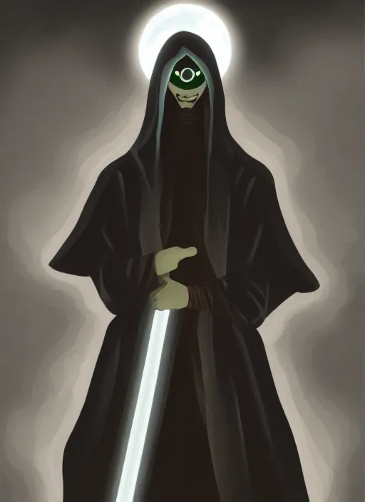 Prompt: dark 2 d matte gouache illustration of a character wearing a black robe, glowing eyes, 4 k, detailed