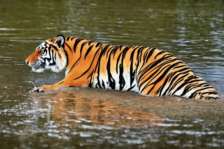 Image similar to a tiger alligator!!! hybrid! hyper realistic!! realistic lighting!! wildlife photographer of the year!!! bold natural colors, national geographic, hd, wide angle, 8 k