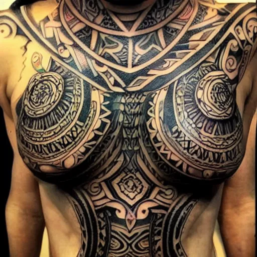 Image similar to tribal tattoo along female chest, epic, psychedelic, intricate detail
