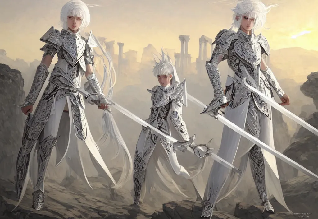 Image similar to white hair knights of zodiac girl wearing matt white ice color armor, kenjutsu dueling in ruined agora of athens sunrise, ssci - fi and fantasy, intricate and very beautiful and elegant, highly detailed, digital painting, artstation, concept art, smooth and sharp focus, illustration, art by tian zi and wlop and alphonse mucha