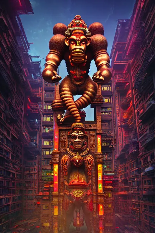 Prompt: high quality 3 d render post - rococo cyberpunk hanuman! head building, neon madhubani, highly detailed, in sci - fi mumbai, cinematic smooth unreal engine, lee madgwick & liam wong, dramatic light, low angle, uhd 8 k, sharp focus