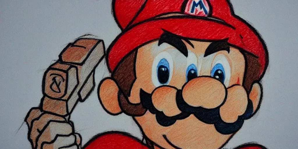 Prompt: mario drawn in crayon, highly detailed, realistic