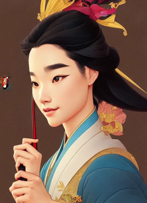 Image similar to portrait of disney mulan, intricate, elegant, highly detailed, my rendition, digital painting, artstation, concept art, smooth, sharp focus, illustration, art by artgerm and greg rutkowski and alphonse mucha and uang guangjian and gil elvgren and sachin teng, symmetry!!