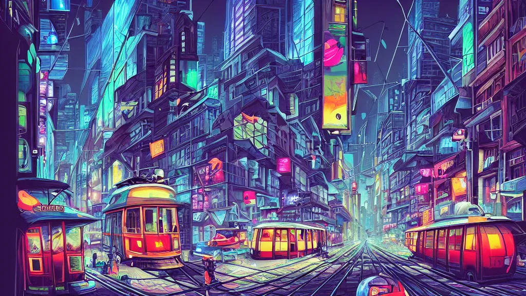 Image similar to street view of the city at night by cyril rolando and naomi okubo and dan mumford and zaha hadid. flying cars. advertisements. neon. tram.