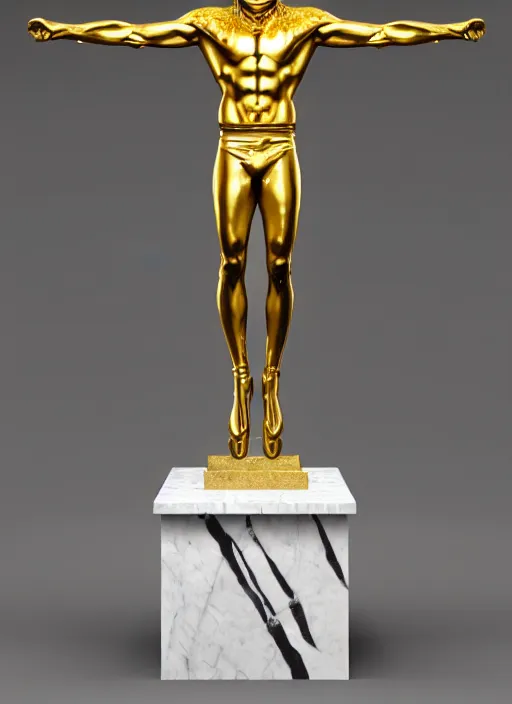 Prompt: stylized gold onyx ornate statue full body made of marble of nicholas cage, perfect symmetrical body, perfect symmetrical face, hyper realistic, hyper detailed, by johannen voss, by michelangelo, octane render, blender, 8 k, displayed in pure white studio room