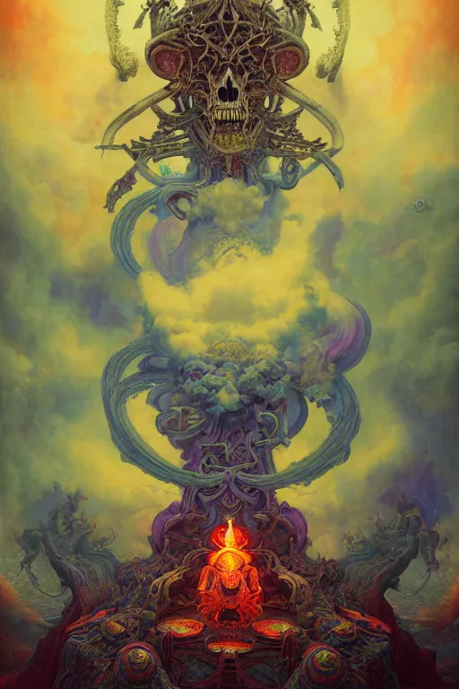 Prompt: gigantic psychedelic demonic cosmic skull lord of death and hell fire, fantasy painting, ultra realistic, wide angle, art nouveau, intricate details, rainbowshift, vivid colors, highly detailed by peter mohrbacher, h. r. giger, maxfield parrish, gustave dore, craig mullins, octane render, cgi