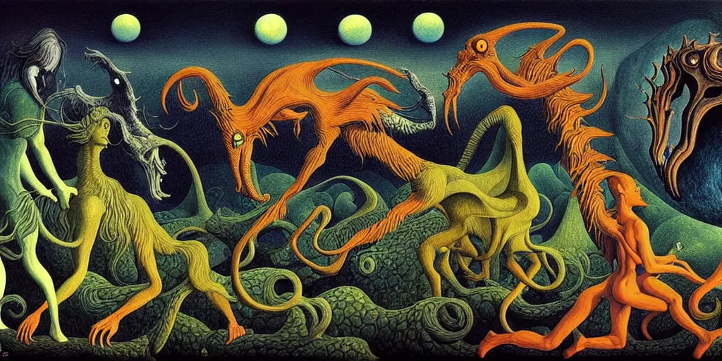 Image similar to mythical creatures and monsters in the imaginal realm of the collective unconscious, in a dark surreal painting by johfra, mc escher and ronny khalil