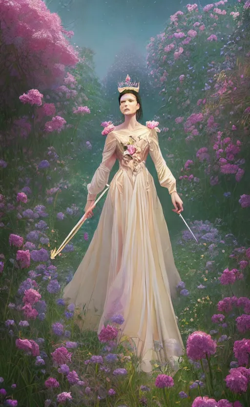 Image similar to A beautiful fantasy magician, highly detailed full body, amazing flower tiara, wearing aristocrat robe, delicate figure, field of flowers, epic composition, ultra wide-shot, dynamic pose, concept art, beautifully lit, digital painting, smooth, character design, sharp focus, elegant, intricate, trending on artstation, by WLOP and James Jean and Victo Ngai