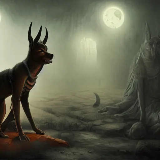 Prompt: anubis of the underworld, concept art, masterpiece, digital art, ultra detailed, sharp focus, cinematic lighting, 8 k hd resolution