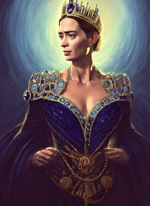 Image similar to portrait of emily blunt as queen, jewelry, greek, sapphire, victorian age, 1 8 9 0, intricate, headshot, key visual, conceptart, ambient lighting, highly detailed, digital painting, artstation, concept art, sharp focus, by makoto shinkai and akihiko yoshida and greg manchess