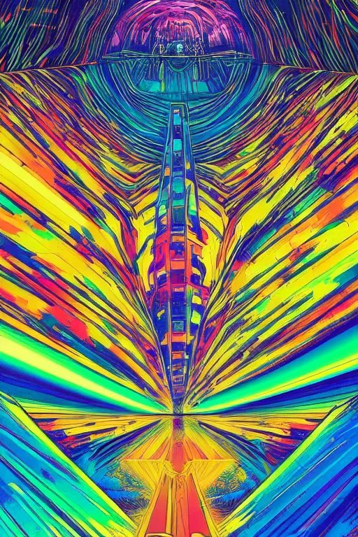 Image similar to comic art of a fluorescent 3 one-point perspective iridescent rainbow fragmentation+smoke+cloud corridors gridded with paintings containing the outside of a galactic dimension vortex , by dan mumford and moebius and brock hofer, tarot card style background, 4k HD, artstation HD