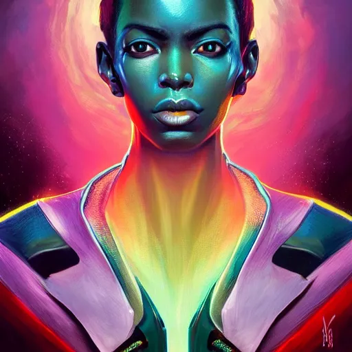 Image similar to african neon necromancer, science fiction, highly detailed, digital painting, beautiful eyes, symmetry, concept art, sharp focus, illustration, global illumination, radiant light, synthwave colors, detailed and intricate environment, art by artgerm and greg rutkowski and magali villeneuve and ilya kuvshinov!