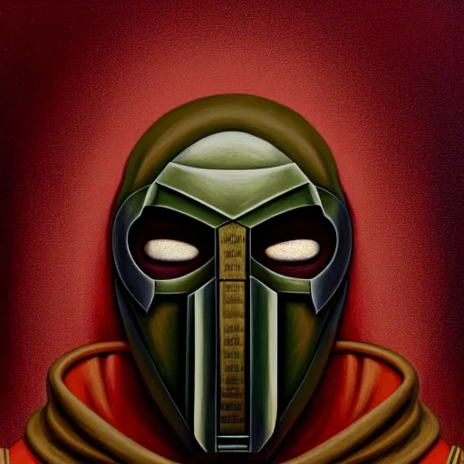 Prompt: portrait of mf doom, dr. doom metal steel mask, dark skin underneath. red t - shirt, beige complex background, intricate, elegant, highly detailed, digital painting, artstation, concept art, smooth, sharp focus, illustration, by anato finnstark, boissb - blanca. j, cindy avelino, clint cearley, anna podedworna