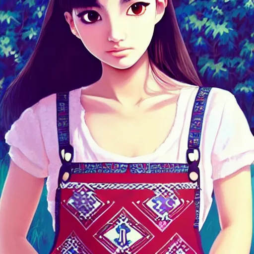 Image similar to a beautiful young japanese natalie portman alluring gravure model, wearing elegant designer overalls, elegant overalls with mesoamerican patterns, mesoamerican native street fashion, princess mononoke, by and wlop and ilya kuvshinov and artgerm and, aesthetic, gorgeous, stunning, alluring, attractive, artstation, pinterest, digital art