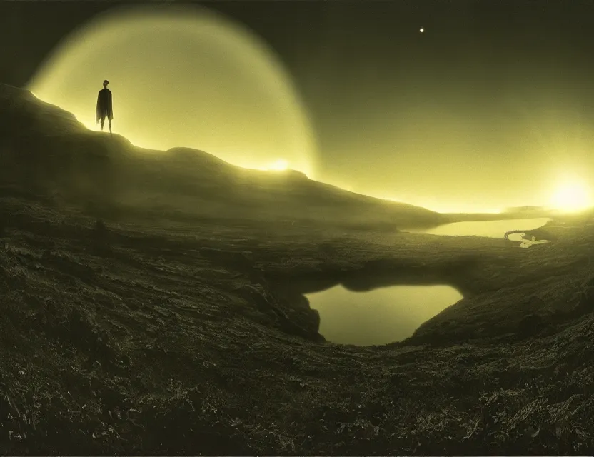 Image similar to wanderer, eerie, greek fantasy panorama, a magnificent giant turble emerging above the magic shining river styx, at night, otherworldly, ghost giant above the horizon, stanley kubrick, 1 8 mm, wide shot, surreal, deep