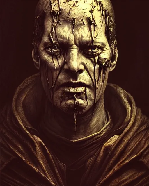 Image similar to realistic wide angle portrait of an evil bishop, dark magic, heroic pose, full body, dramatic lighting, dark and horror, dust and blood, intricate, wild, highly detailed, digital painting, artstation, concept art, smooth, sharp focus, illustration, art by artgerm and greg rutkowski and alphonse mucha, footage from space camera