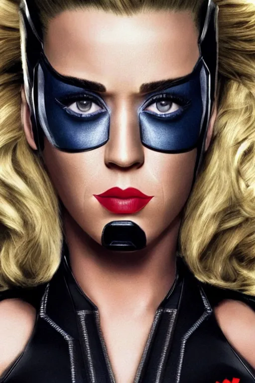 Image similar to katy perry as black widow in the avengers, portrait realistic photograph, very detailed face