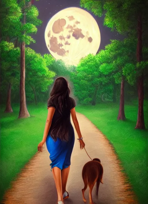 Image similar to young beautiful brown woman walking with her dog in a park in Merida Mexico at night with a full moon, illustration, photoreal, fantasy, trending. masterpiece work of art . oil on canvas. Digitally painted. Realistic. 3D. 8k. UHD.