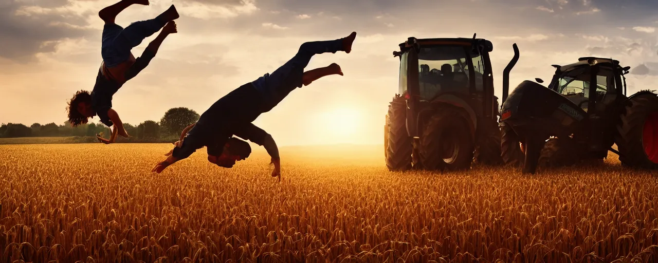 Prompt: jesus doing a backflip over a tractor in a wheat field, dramatic lighting, low angle, 4 k