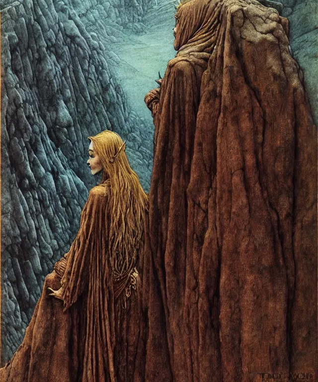 Image similar to A detailed very horned woman stands among the mountains. Wearing a ripped mantle, robe. Perfect faces, extremely high details, realistic, fantasy art, solo, masterpiece, art by Zdzisław Beksiński, Arthur Rackham, Dariusz Zawadzki